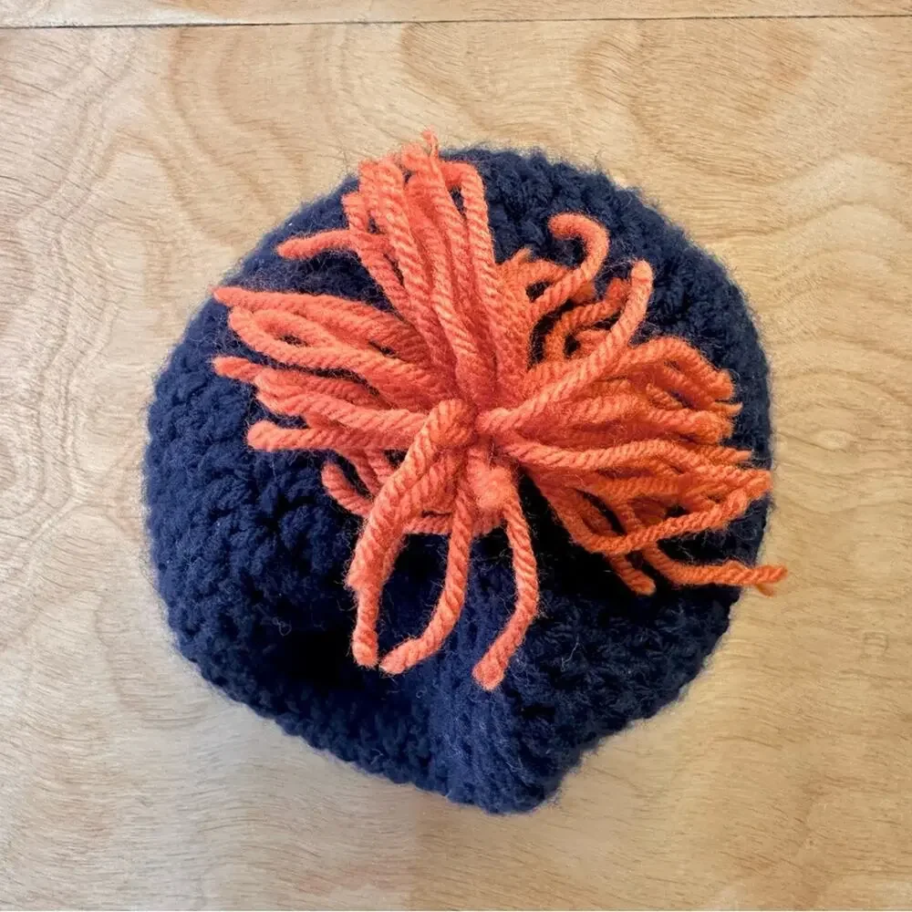 Handmade Navy & Orange Knit Beanie | Toddler/Youth | Pom Top